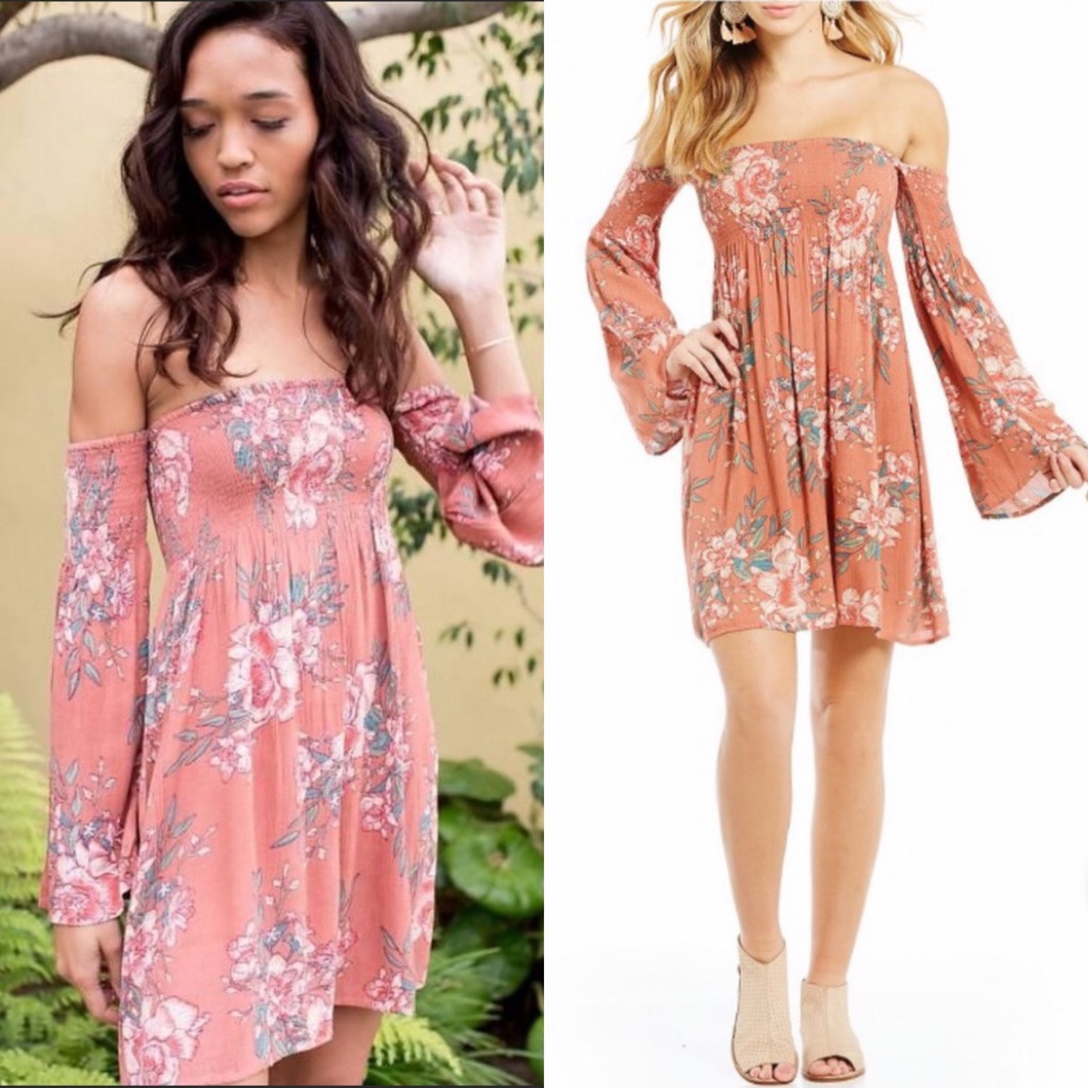 Billabong Off-Shoulder Floral Long Sleeve Dress in Dusty Rose